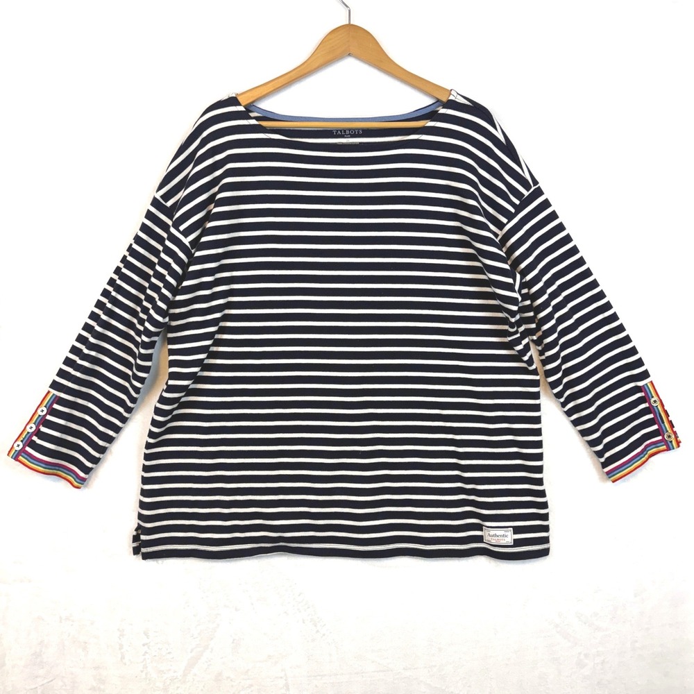 Talbots Plus Nautical Striped Boatneck Cotton Navy Shirt Rainbow Cuff Detail‎ 2X